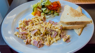 Czech breakfast: scrambled eggs with scallions, Prague, Czech Republic