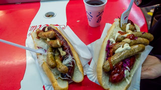 Hot dogs with Prague and old Prague sausages, Czech Republic