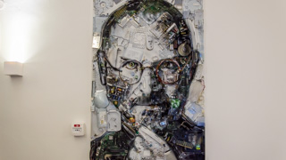 Portrait of Steve Jobs made with computer circuit boards in the Apple Museum, Prague, Czech Republic