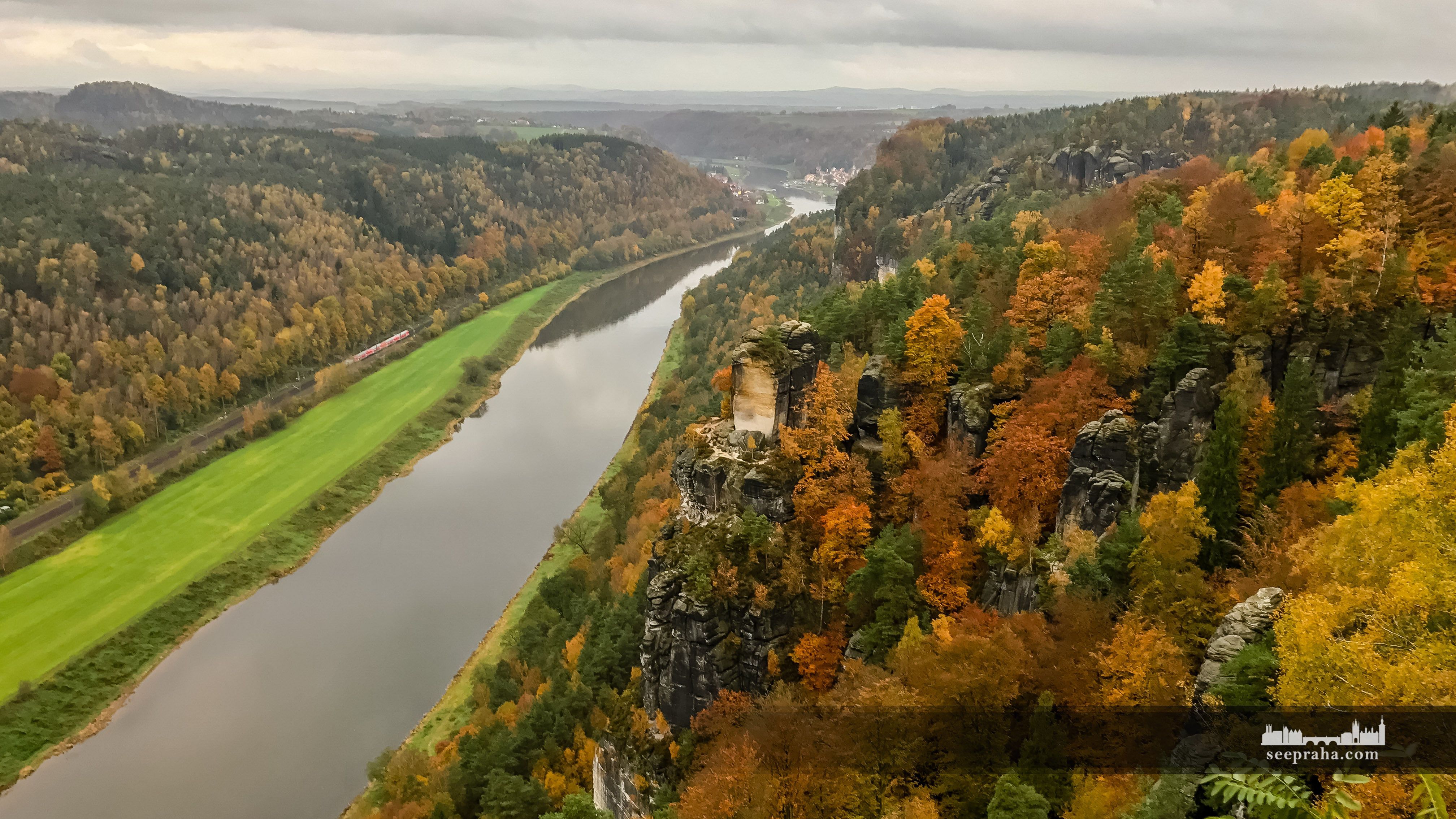 Panoramic view from the Bastei over the river Elbe, Saxon Switzerland national park, Germany